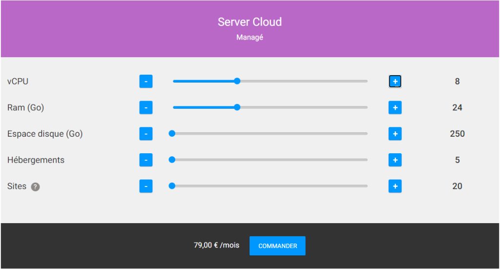Offre de serveurs Cloud d'Infomaniak pour un site internet, après ajustement. C'est un hébergeur web offrant des hébergement web dispendieux