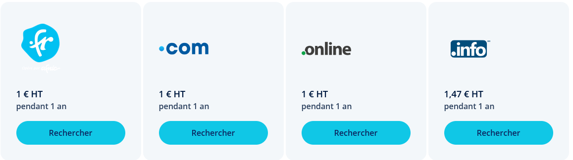 Les prix affichés par IONOS pour les noms de domaines. 