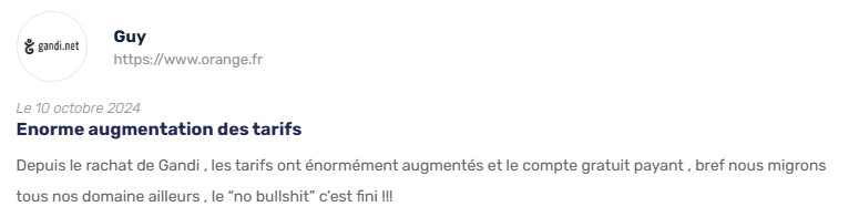 Un autre avis d'un client de Gandi, critiquant les hausses de prix.