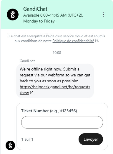 Le chat de support de Gandi est disponible uniquement à certaines heures, trop limitées à notre avis