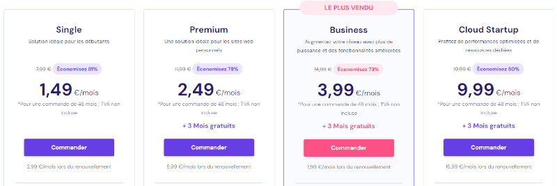 Le prix des offres d'hébergement web de Hostinger en 2026.